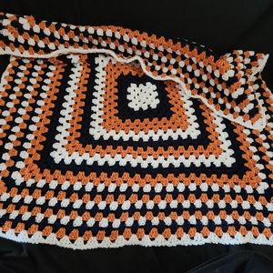 Crochet White, Navy, and Orange Baby Blanket